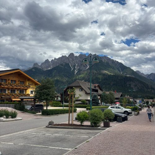 Mountain village with Hotel Scalles under Dolomites, Alta Via 1 trek