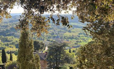 Montepulciano Italy view from coach-cycle with trees and villas